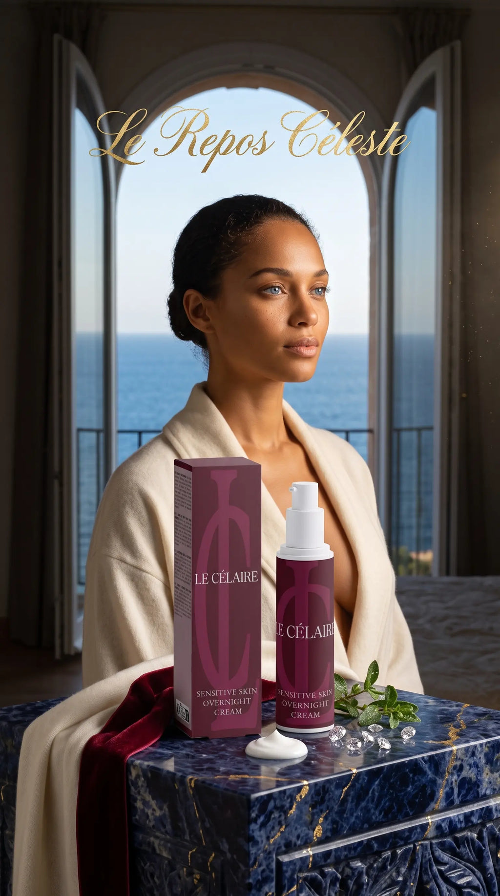 Ultra-realistic 9:16 commercial lifestyle photograph for Le Célaire Sensitive Skin Overnight Cream, showing the white pump bottle and burgundy box on sodalite stone, a striking blue-eyed mulatto woman in dawn light, diamonds, and liquid gold calligraphy.