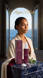 Ultra-realistic 9:16 commercial lifestyle photograph for Le Célaire Sensitive Skin Overnight Cream, showing the white pump bottle and burgundy box on sodalite stone, a striking blue-eyed mulatto woman in dawn light, diamonds, and liquid gold calligraphy.