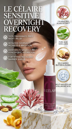 Billionaire-tier 9:16 commercial skincare advertisement for Le Célaire Sensitive Skin Overnight Cream, featuring the white pump bottle beside glowing model skin, calming botanicals, diamonds, and a nighttime barrier recovery benefits checklist.