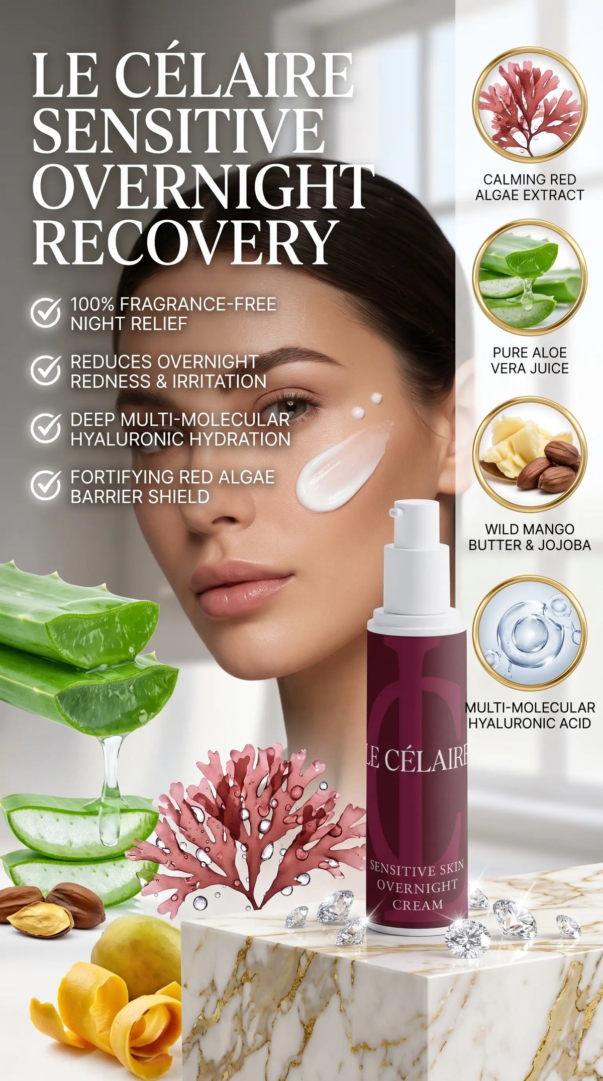 Billionaire-tier 9:16 commercial skincare advertisement for Le Célaire Sensitive Skin Overnight Cream, featuring the white pump bottle beside glowing model skin, calming botanicals, diamonds, and a nighttime barrier recovery benefits checklist.