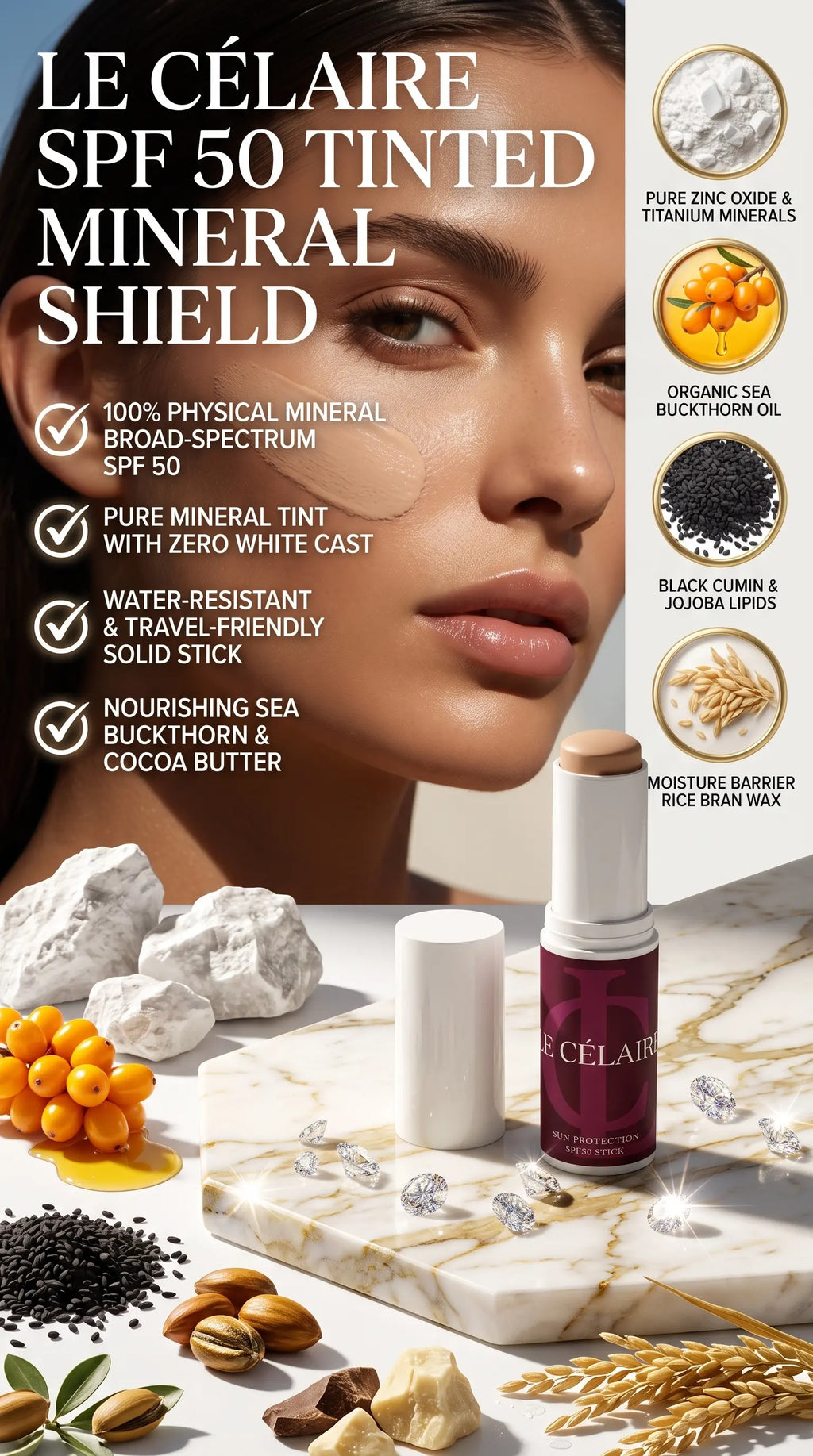 Billionaire-tier 9:16 commercial suncare advertisement for Le Célaire SPF 50 Tinted Mineral Sun Protection Stick, showcasing the open stick beside glowing model skin, raw minerals, diamonds, and a broad-spectrum protection benefits checklist.