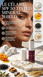 Billionaire-tier 9:16 commercial suncare advertisement for Le Célaire SPF 50 Tinted Mineral Sun Protection Stick, showcasing the open stick beside glowing model skin, raw minerals, diamonds, and a broad-spectrum protection benefits checklist.