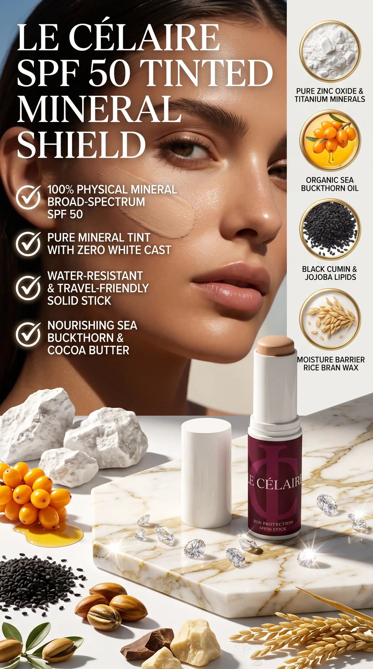 Billionaire-tier 9:16 commercial suncare advertisement for Le Célaire SPF 50 Tinted Mineral Sun Protection Stick, showcasing the open stick beside glowing model skin, raw minerals, diamonds, and a broad-spectrum protection benefits checklist.