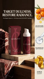 Le Célaire Vitamin C Brightening Serum with 2% Natural Vitamin C, Ferulic Acid, Sea-Buckthorn, Hyaluronic Acid, and Jojoba Oil for hyperpigmentation and skin barrier restoration.