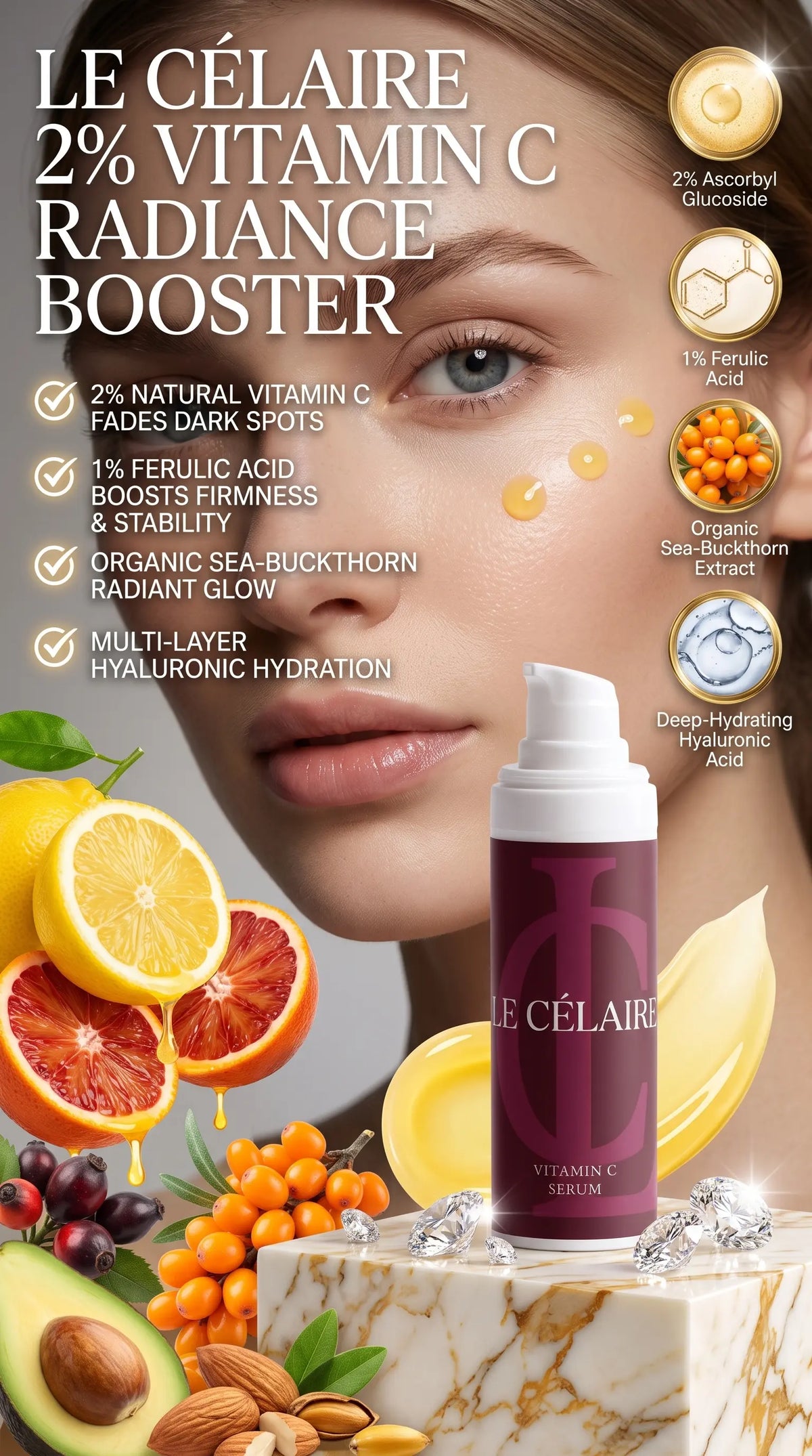 Billionaire-tier 9:16 commercial skincare advertisement for Le Célaire Vitamin C Serum, featuring the white pump bottle beside glowing model skin with golden-yellow vitamin C serum micro-dots, fresh citrus, sea buckthorn, diamonds, and a brightening benefits checklist.