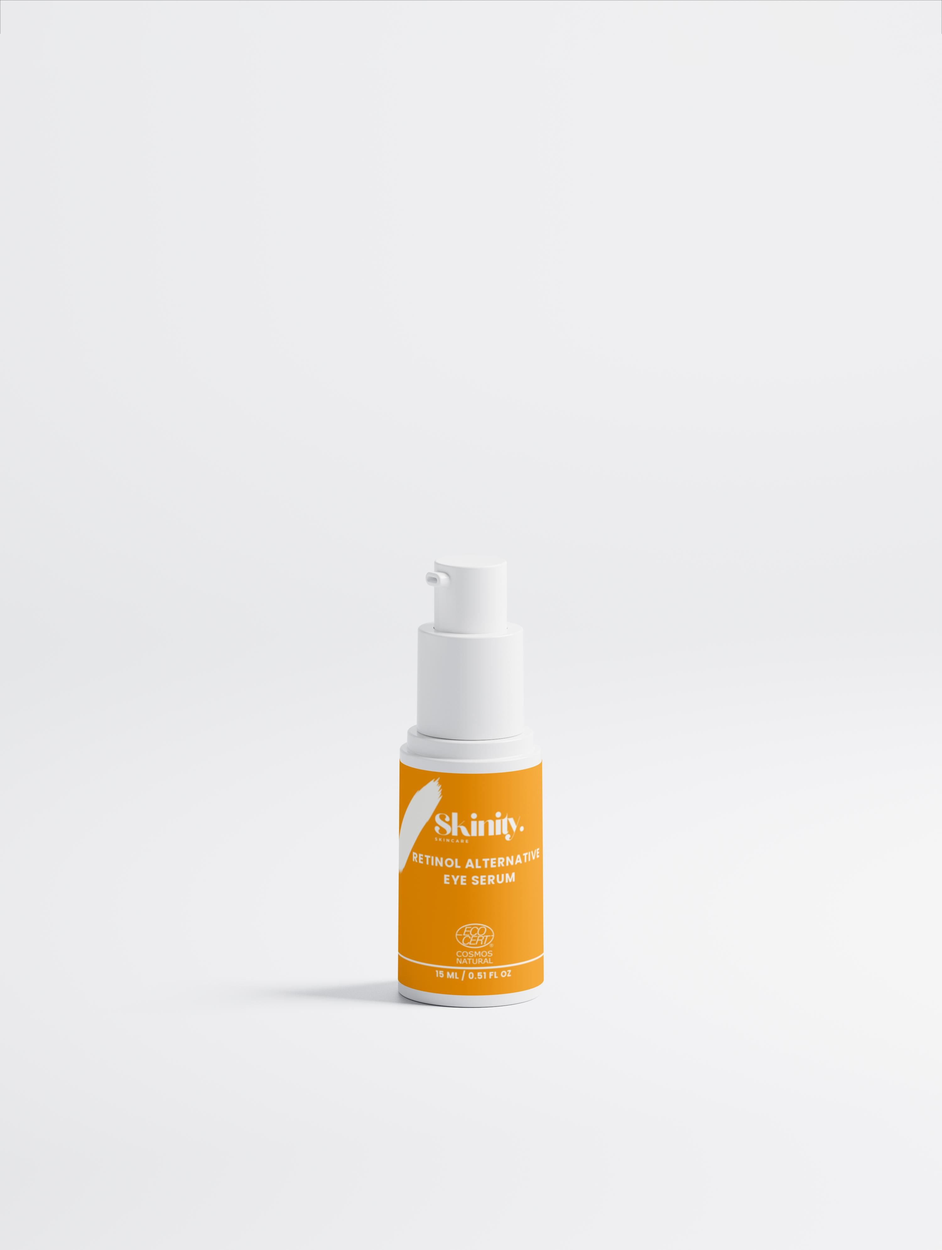 Natural retinol alternative eye serum in a sleek bottle with an orange label on a minimalist background.