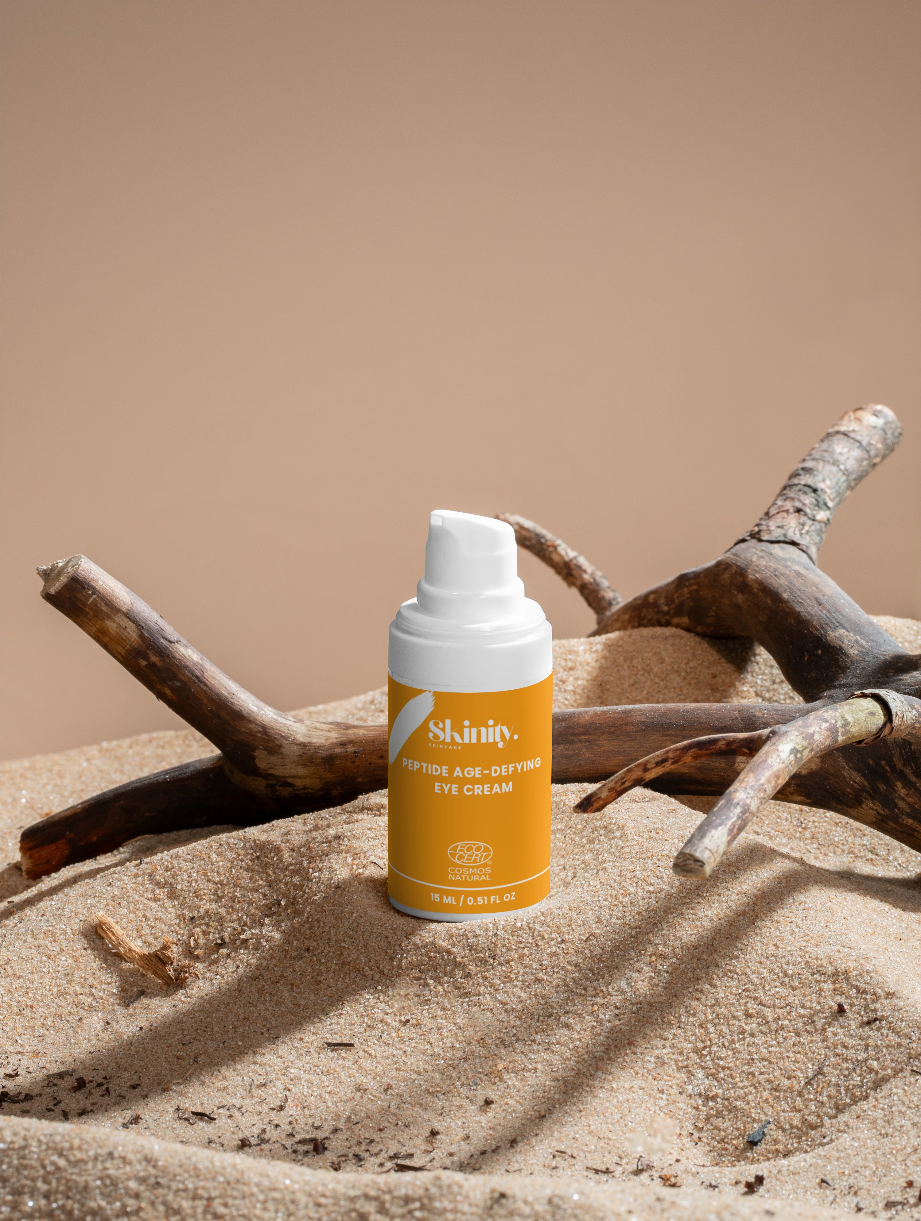 Skinity Skincare Peptide Anti Aging Eye Cream for Wrinkles and Dark Circles premium product bottle placed on an organic luxury dark wood texture background with natural greenery elements