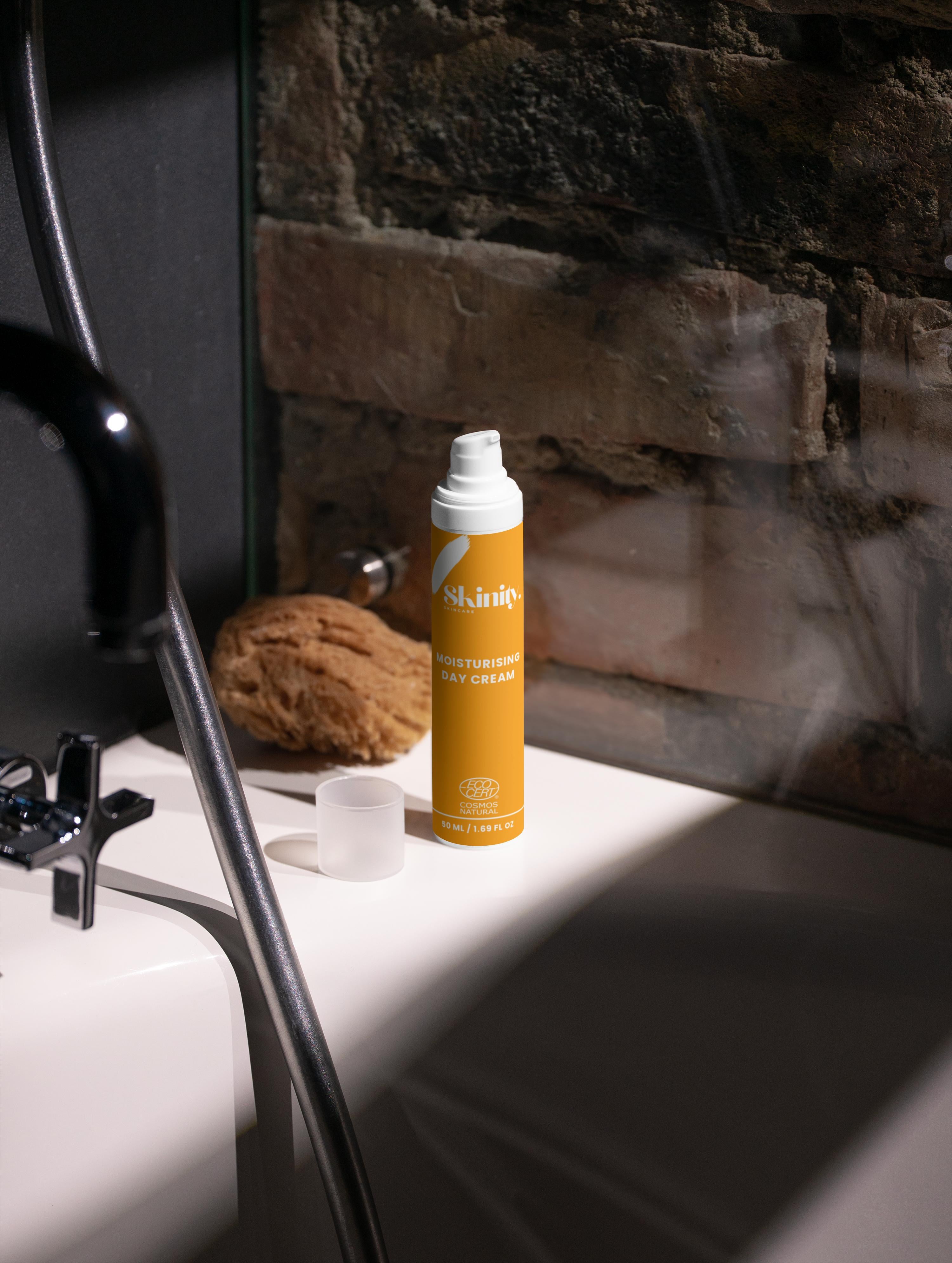 Moisturising Day Cream For All Skin displayed in a modern bathroom setting, providing hydration and freshness.