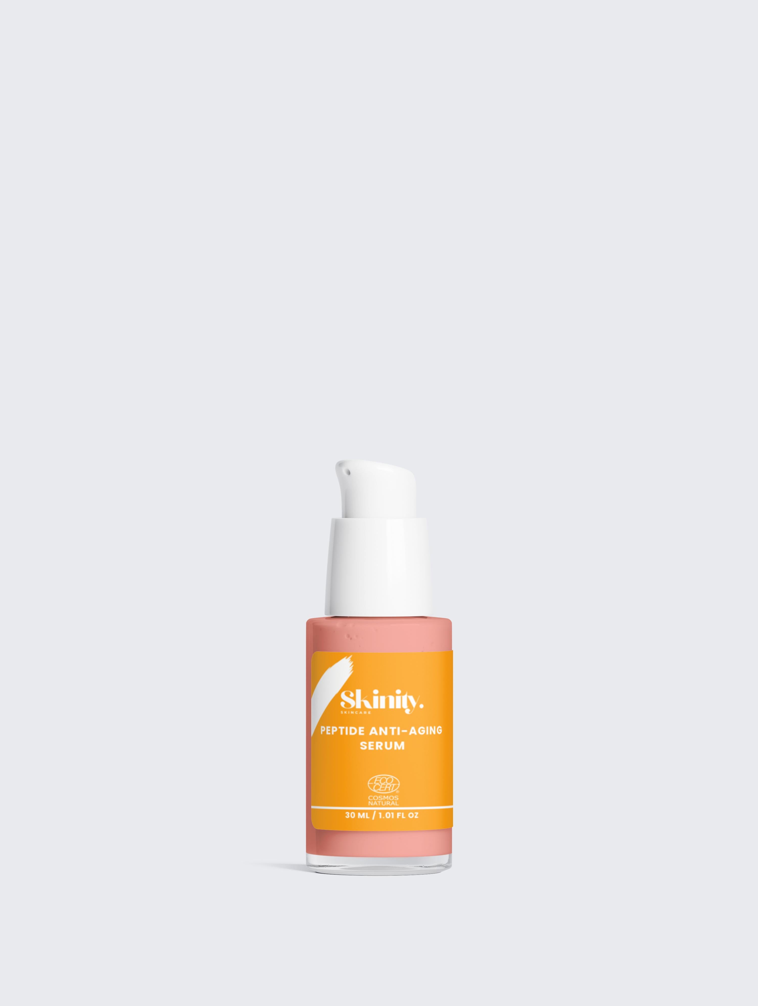 Peptide Anti-Aging Serum for All skin in a sleek bottle, designed to reduce fine lines and improve skin elasticity.