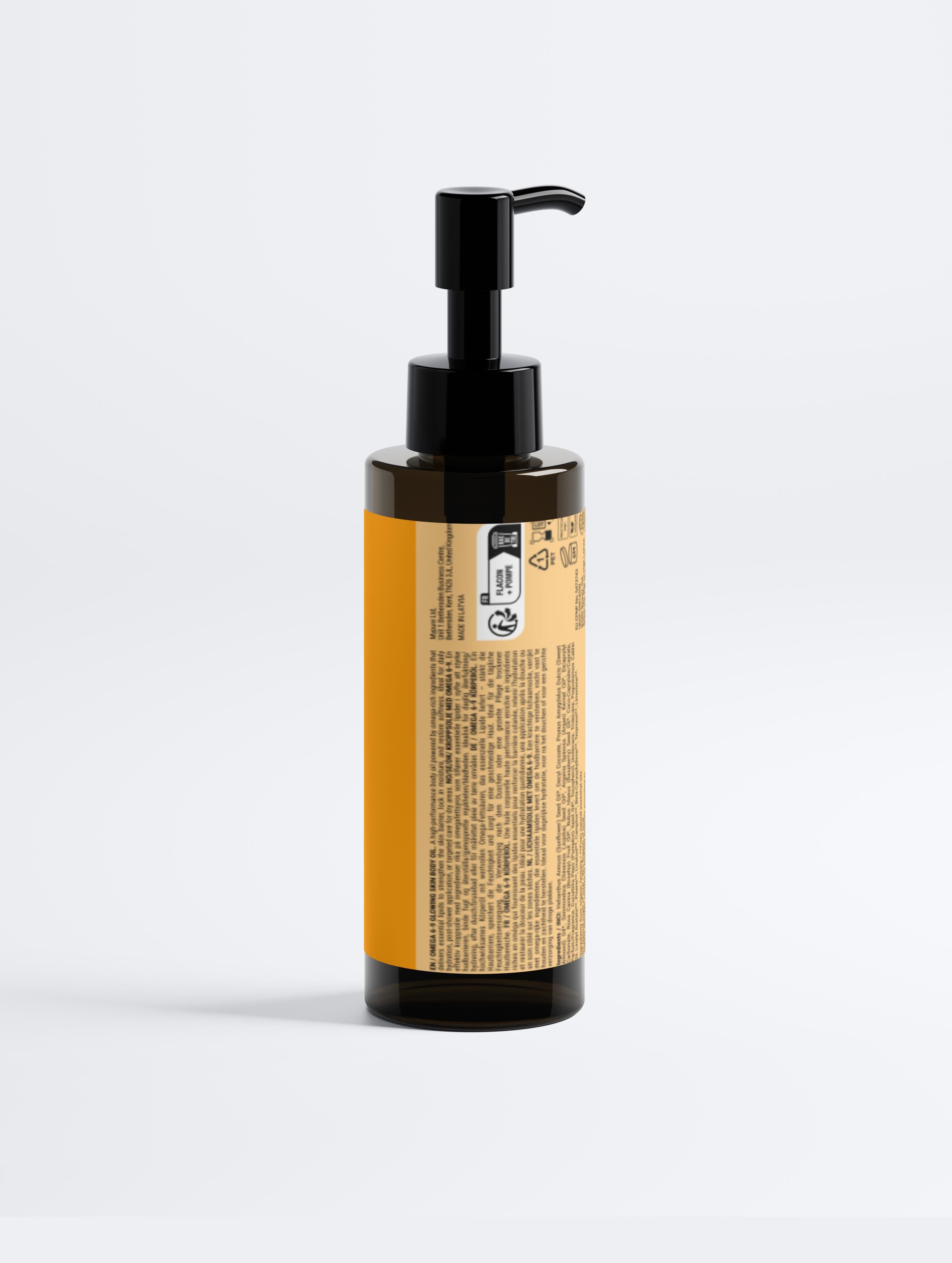Omega 6-9 Glowing Skin Body Oil For All Skin Types in a pump bottle on a white background.