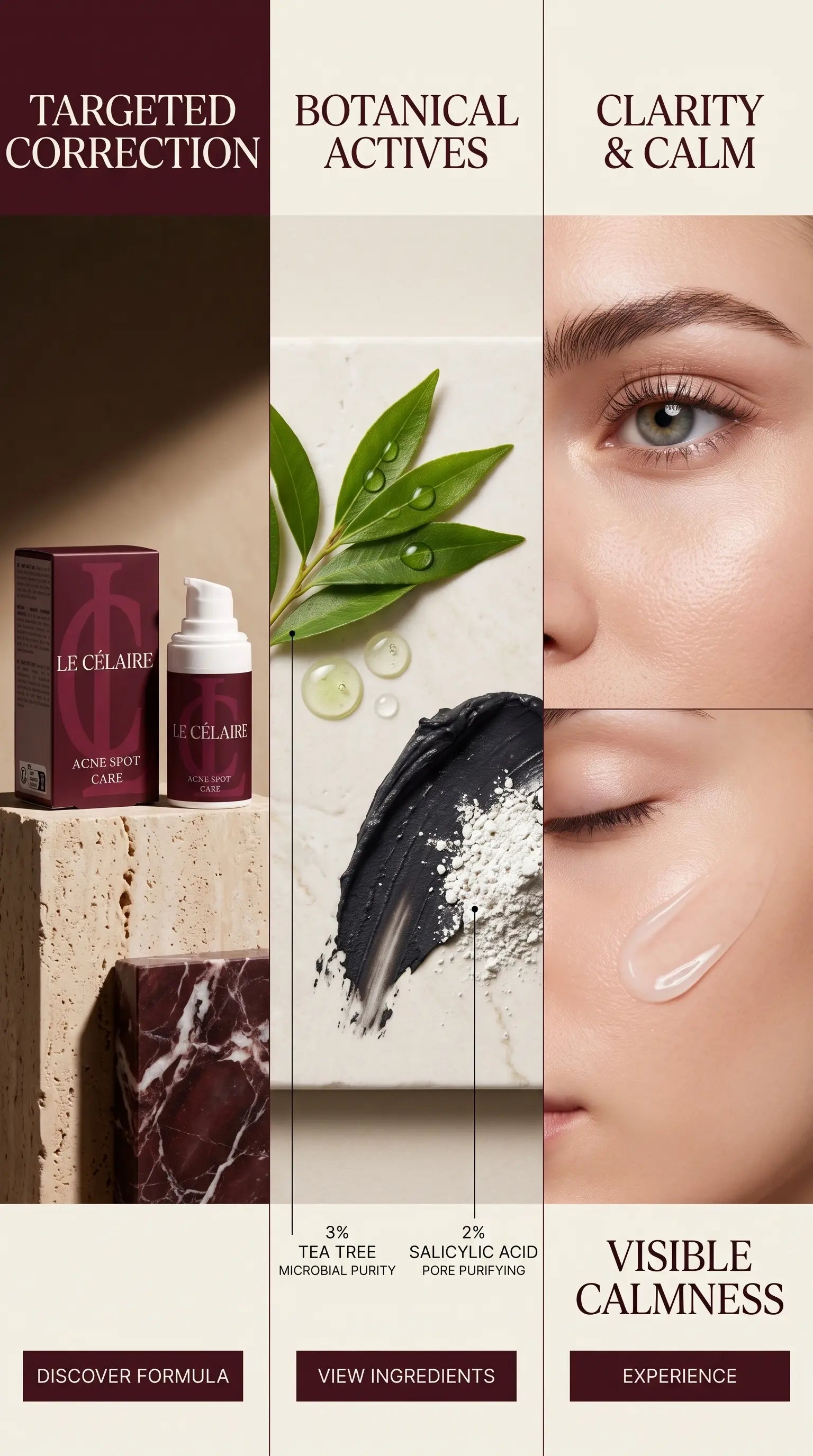 A vertical marketing graphic for Le Cléraëre skincare, featuring a bottle and box of Targeted Correction serum on the left, botanical and ingredient callouts in the center, and close-up panels of a woman's eye and cheek with cream on the right. Text highlights botanical actives, clarity, and visible calmness.