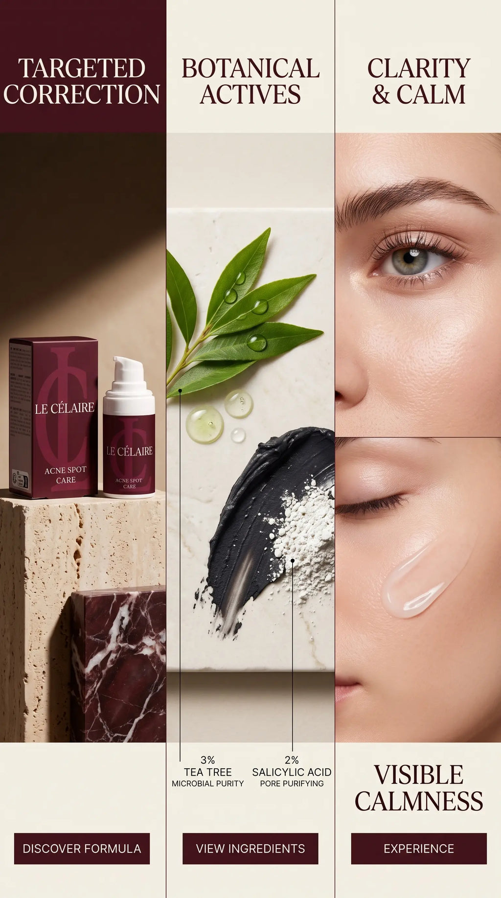 A vertical marketing graphic for Le Cléraëre skincare, featuring a bottle and box of Targeted Correction serum on the left, botanical and ingredient callouts in the center, and close-up panels of a woman's eye and cheek with cream on the right. Text highlights botanical actives, clarity, and visible calmness.