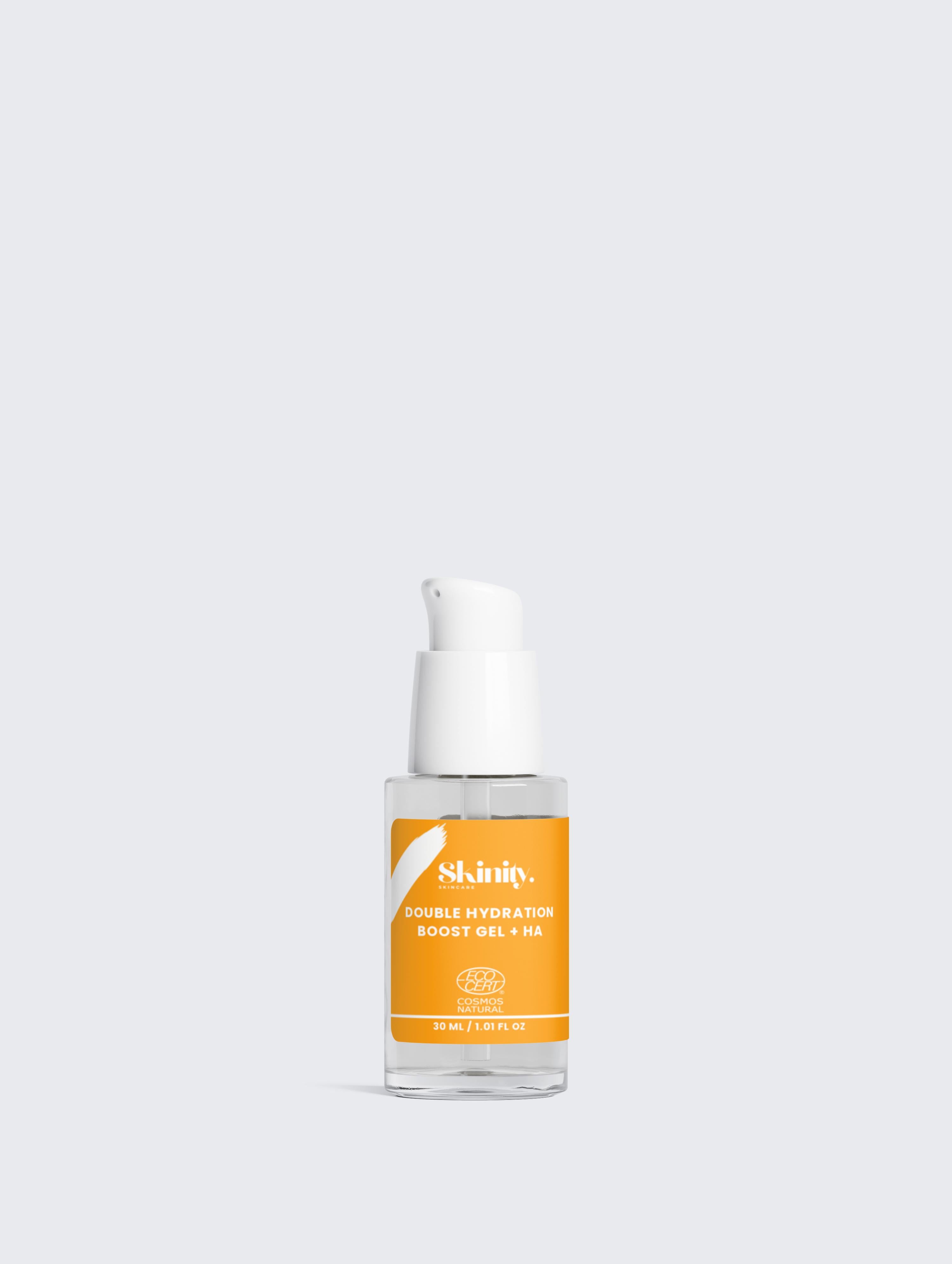 Double Hydration Boost Gel + HA in a sleek pump bottle, designed for deep hydration and plumper skin.