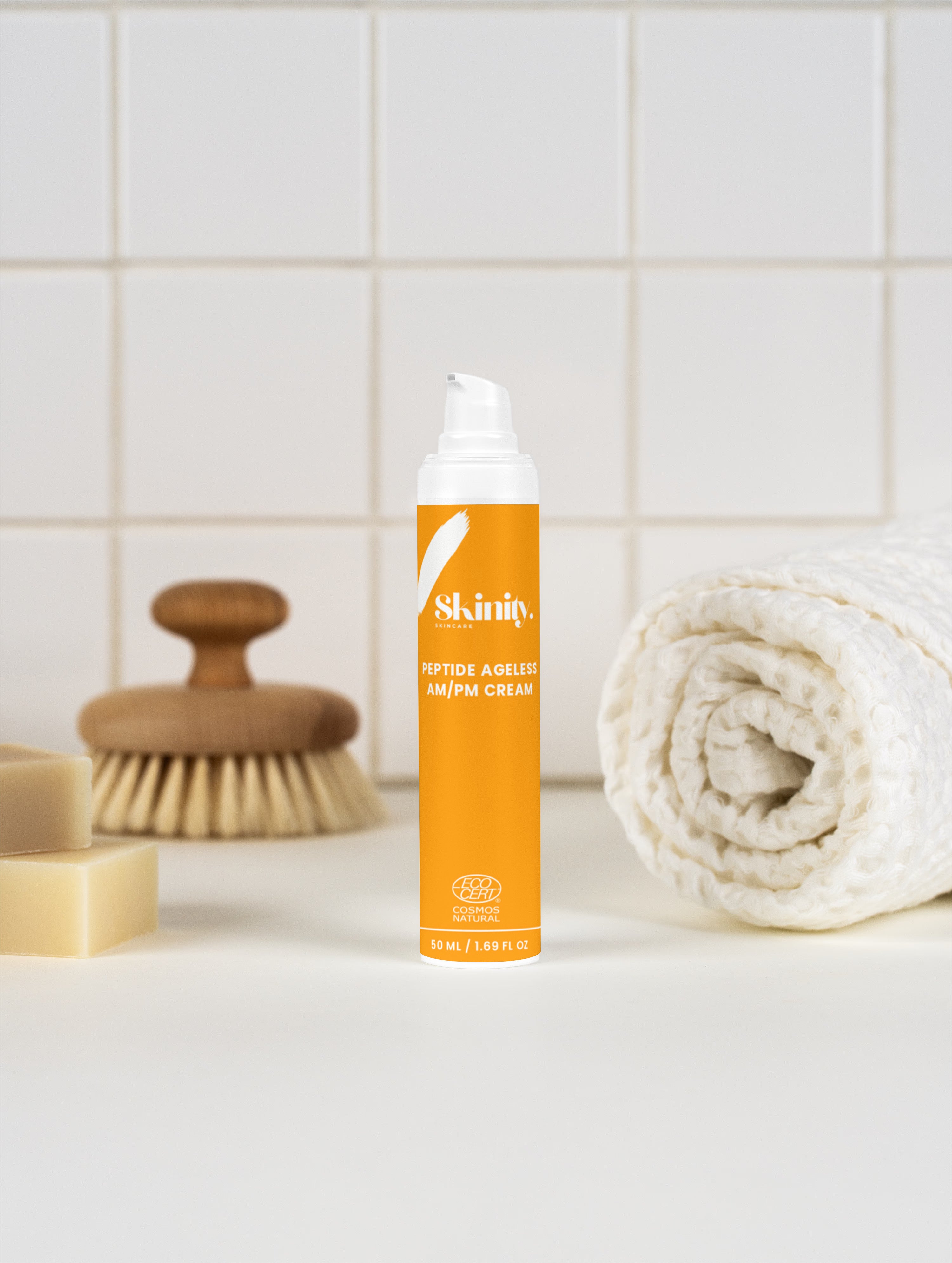 Skinity Peptide Ageless AM PM Cream with HA for Wrinkles and Hydration premium skincare product bottle.